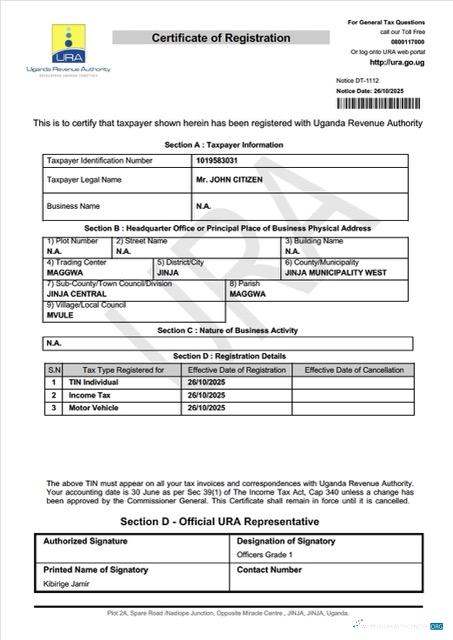 Download Uganda certificate of taxpayer registration Word and PDF template Photoshop template